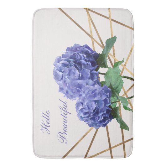 Tapis De Bain Hydrangea Blue Flowers & Gold Floral Chic Spring (devant Vertical)