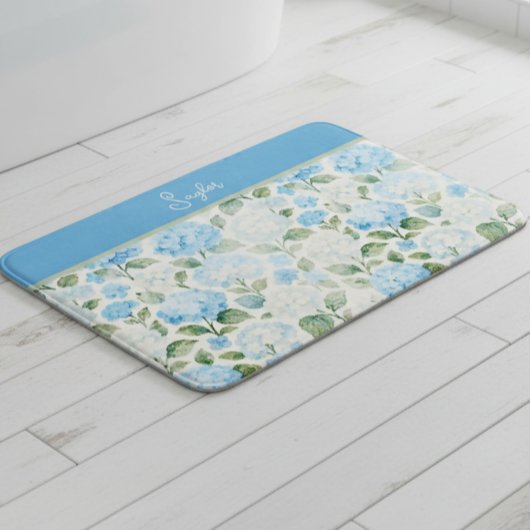 Tapis De Bain Hydrangea Floral Bleu Aquarelle Nom