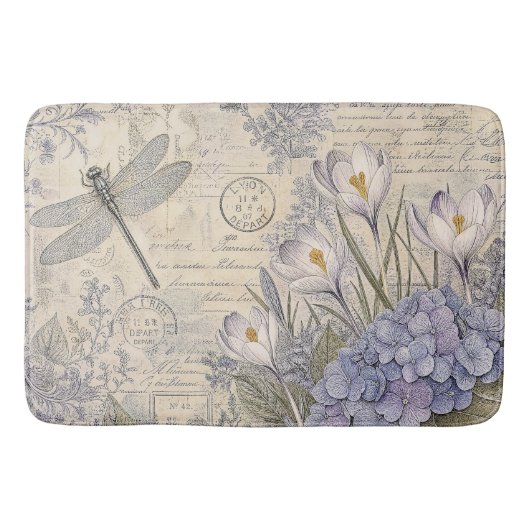 Tapis De Bain Hydrangea Pervenche et Libellule Shabby Chic (Devant)