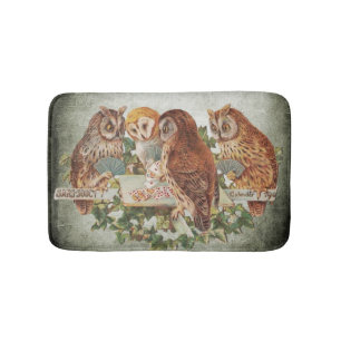 Tapis De Bain Illustration Vintage des hiboux de jeu de poker