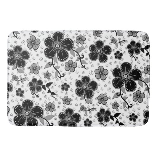 Tapis De Bain Impression florale noire et blanche (Devant)