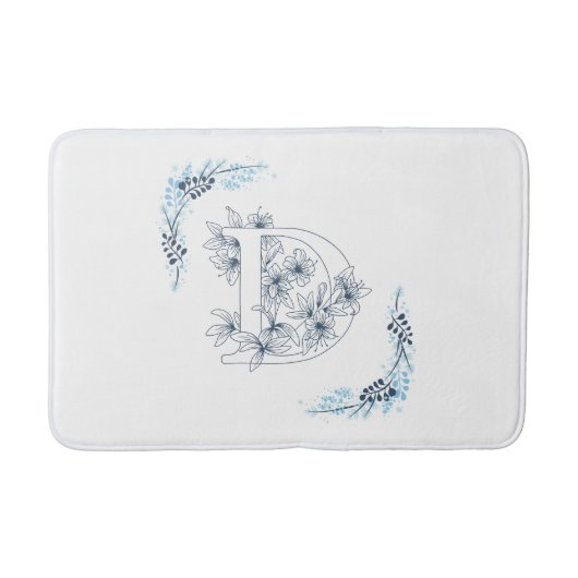 Tapis De Bain Initiale "D" Monogramme bleu Calme Floral (Devant)