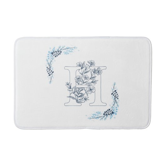 Tapis De Bain Initiale "H" Monogramme bleu Calme Floral (Devant)