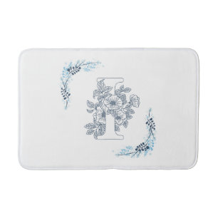 Tapis De Bain Initiale "I" Monogramme Bleu Calme Floral