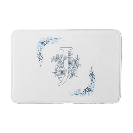 Tapis De Bain Initiale "J" Monogramme bleu Calme Floral (Devant)