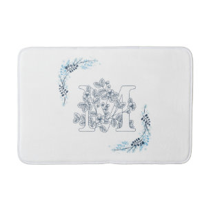 Tapis De Bain Initiale "M" Monogramme Bleu Calme Floral