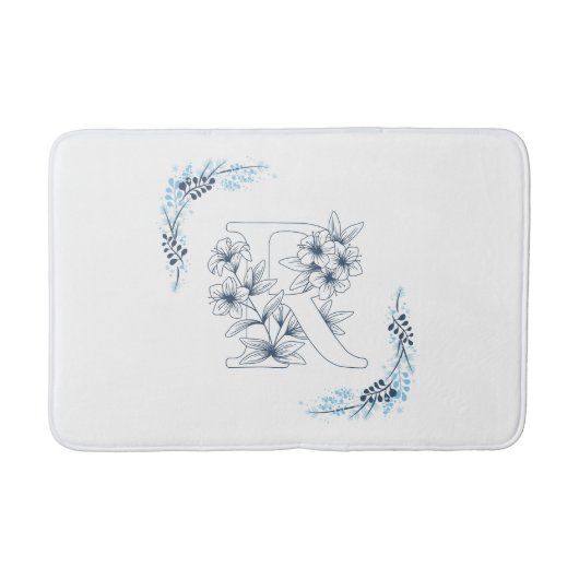 Tapis De Bain Initiale "R" Monogramme bleu Calme Floral (Devant)
