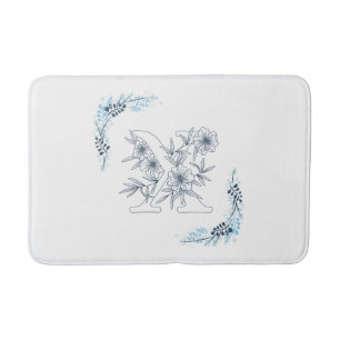 Tapis De Bain Initiale "X" Monogramme Bleu Calme Floral