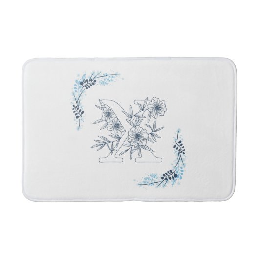 Tapis De Bain Initiale "X" Monogramme Bleu Calme Floral (Devant)