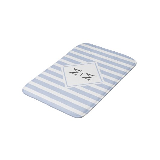 Tapis De Bain Initiales monogrammes bleu clair pâle rayures blan (Angle)