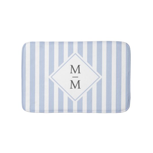 Tapis De Bain Initiales monogrammes bleu clair pâle rayures blan (Devant)