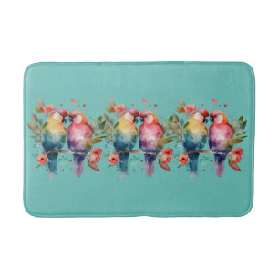 Tapis De Bain Inséparables sur branche entourés de coeurs.