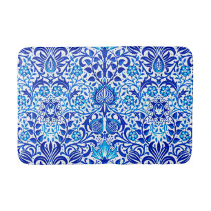 Tapis De Bain Jacobean Floral Damask, Cobalt bleu et blanc