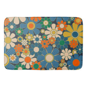 Tapis De Bain Jardin rétro En vichy Fleurs Vintage Floral Bleu