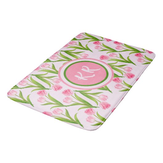Tapis De Bain Joli Tulipe rose Fleurs Florales Feuille Monogramm (Angle)