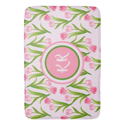 Tapis De Bain Joli Tulipe rose Fleurs Florales Feuille Monogramm (devant Vertical)