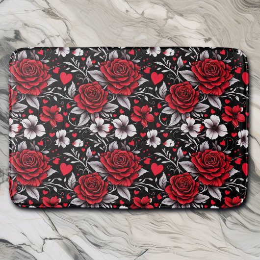 Tapis De Bain Jolie, Rouge, Roses noires et blanches, Coeurs