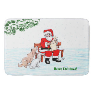 Tapis De Bain Joyeux Noël! Père Noël avec chat et chien