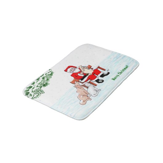 Tapis De Bain Joyeux Noël! Père Noël avec chat et chien (Angle)