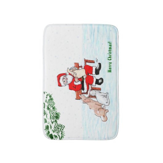 Tapis De Bain Joyeux Noël! Père Noël avec chat et chien (Devant (Vertical))