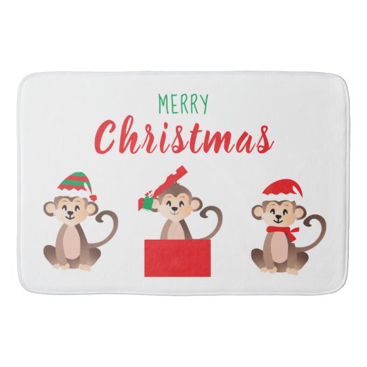 Tapis De Bain Joyeux Noël Singe Casquette de Noël Rouge Vert (Devant)