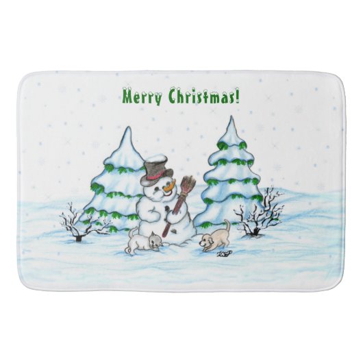 Tapis De Bain Joyeux Noël ! Snowman avec chat et chiot (Devant)