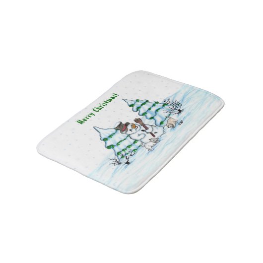Tapis De Bain Joyeux Noël ! Snowman avec chat et chiot (Angle)