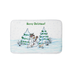 Tapis De Bain Joyeux Noël ! Snowman avec chat et chiot