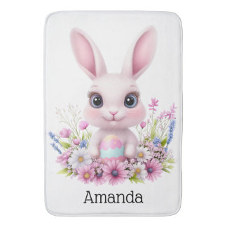 Tapis De Bain Lapin Mignon Fleurs Roses avec Oeuf de Pâques