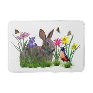 Tapis De Bain Lapin, Robin, et fleurs, personnalisables