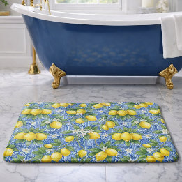 Tapis De Bain Lemon Blue French Country Watercolor Tile 