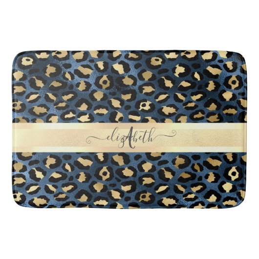 Tapis De Bain Léopard Motif bleu or Monogramme (Devant)