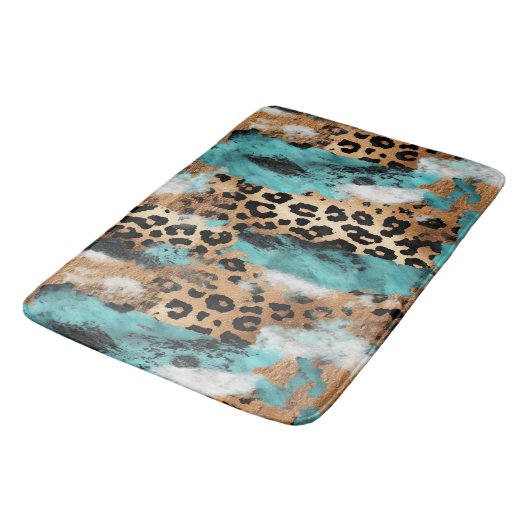 Tapis De Bain Léopard Noir Turquoise (Angle)