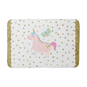 Tapis De Bain Licorne Fille Pailleté Rose & Or Regard Pailleté