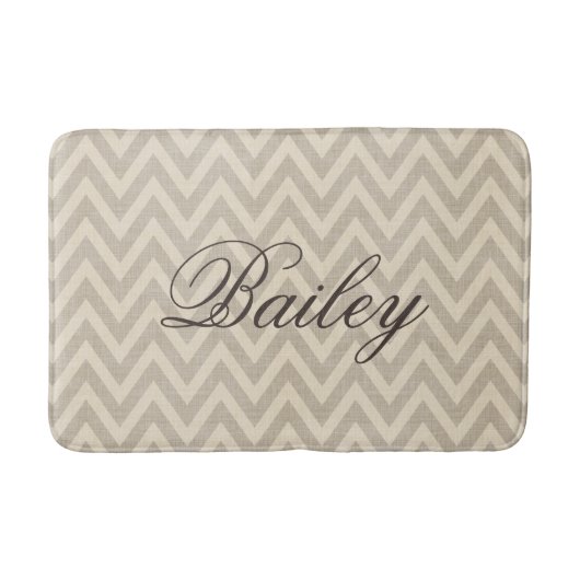 Tapis De Bain Lin rustique Beige et Taupe Chevron Monogramme (Devant)
