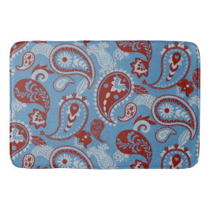 Tapis De Bain Linocut traditionnel Paisley Rouge Bleu Blanc