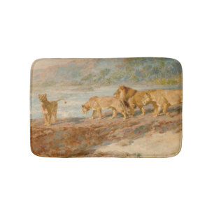 Tapis De Bain Lion et lionnes sur la rive d'une rivière africain