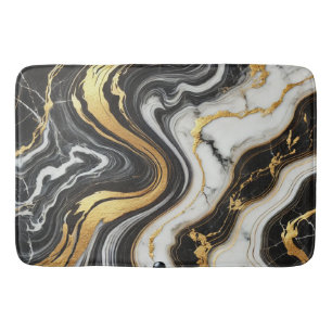 Tapis De Bain Liquide Doré Noir Blanc Aspect Marbre Mariage Glam