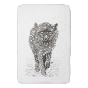Tapis De Bain Loup noir en colère dans la neige, hiver sauvage