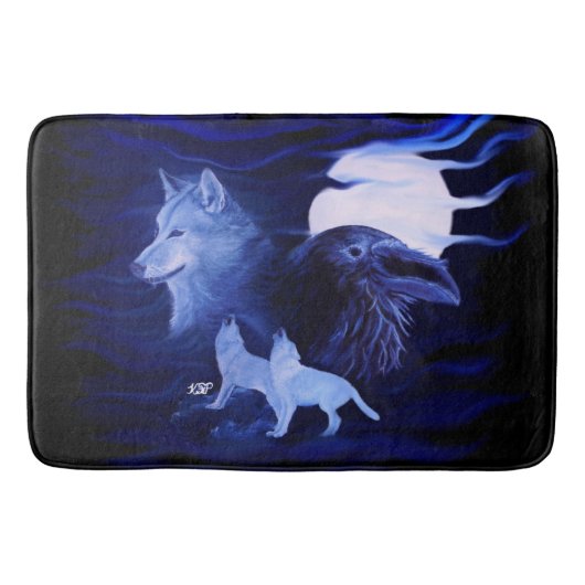 Tapis De Bain Loups et corbeau avec pleine lune (Devant)