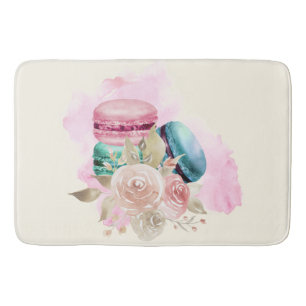 Tapis De Bain Macarons Colorés et Fleurs Aquarelle