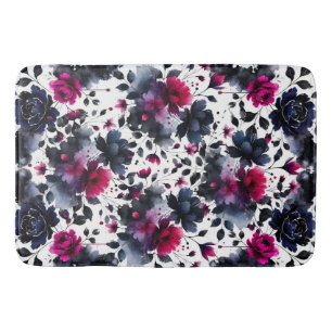 Tapis De Bain Magenta rose et bleu floral à l'encre aquarelle