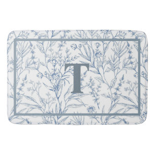 Tapis De Bain Maison Bleue Blanc Floral Monogramme