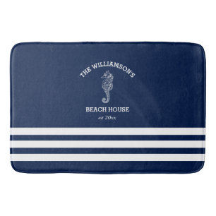 Tapis De Bain Maison de plage Marine et White Stripe   Seahorse