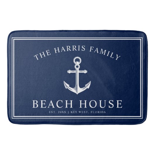 Tapis De Bain Maison de plage Nautical| Welcome Navy et White (Devant)
