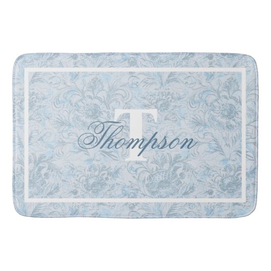 Tapis De Bain Maison Française Dusty Blue Floral Monogramme (Devant)
