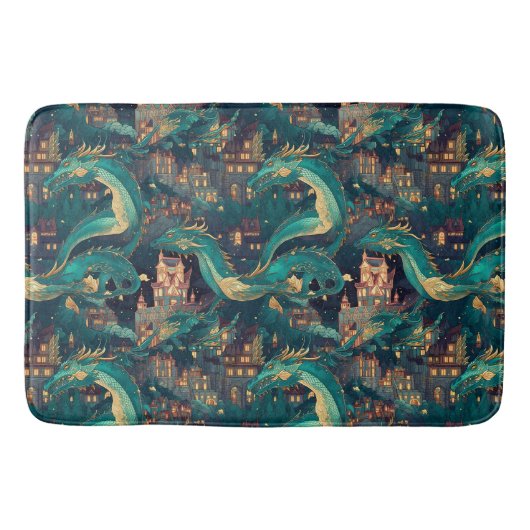 Tapis De Bain Majestic Turquoise Dragons et Village (Devant)