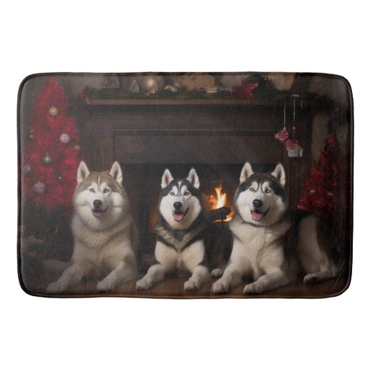 Tapis De Bain Malamute en Alaska près de la cheminée Noël (Devant)