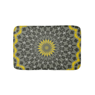 Tapis De Bain Mandala de kaléidoscope jaune et gris illuminant.