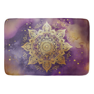Tapis De Bain Mandala d'or sur l'aquarelle violette